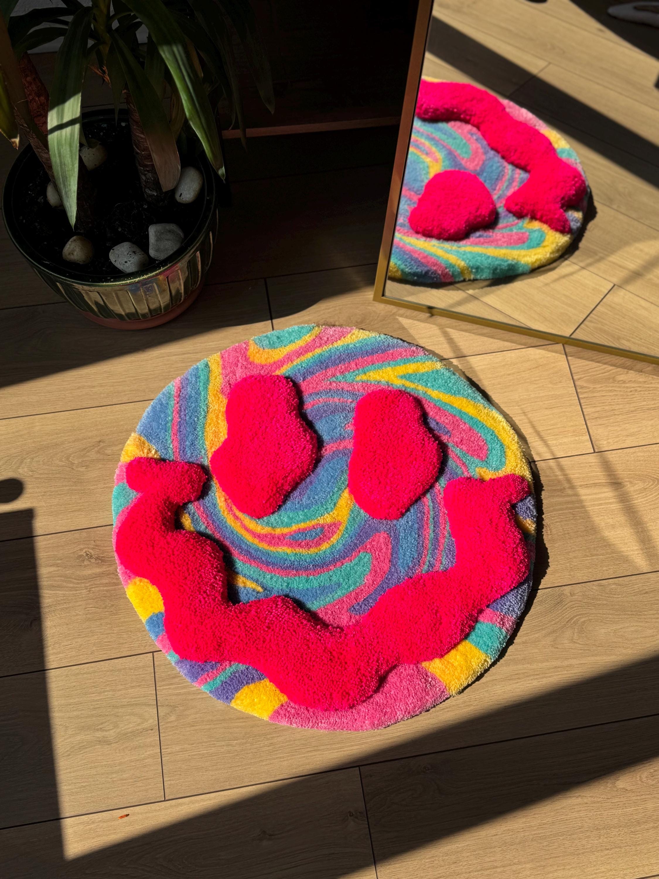Colorful Face Rug Handmade 3D Smiley Face Tufted Rug Colorful Round Swirl Carpet Funky ...