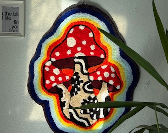 Handmade 3D Tufted Mushroom Rug – Psychedelic Rainbow Toadstool Carpet, Boho Trippy Home Decor