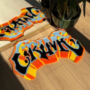 Handmade Crime Tufted Rug 3D Graffiti Style Carpet Bold Street Art Aesthetic Soft Floor Mat Urban Room Decor 70x45cm Gift Idea
