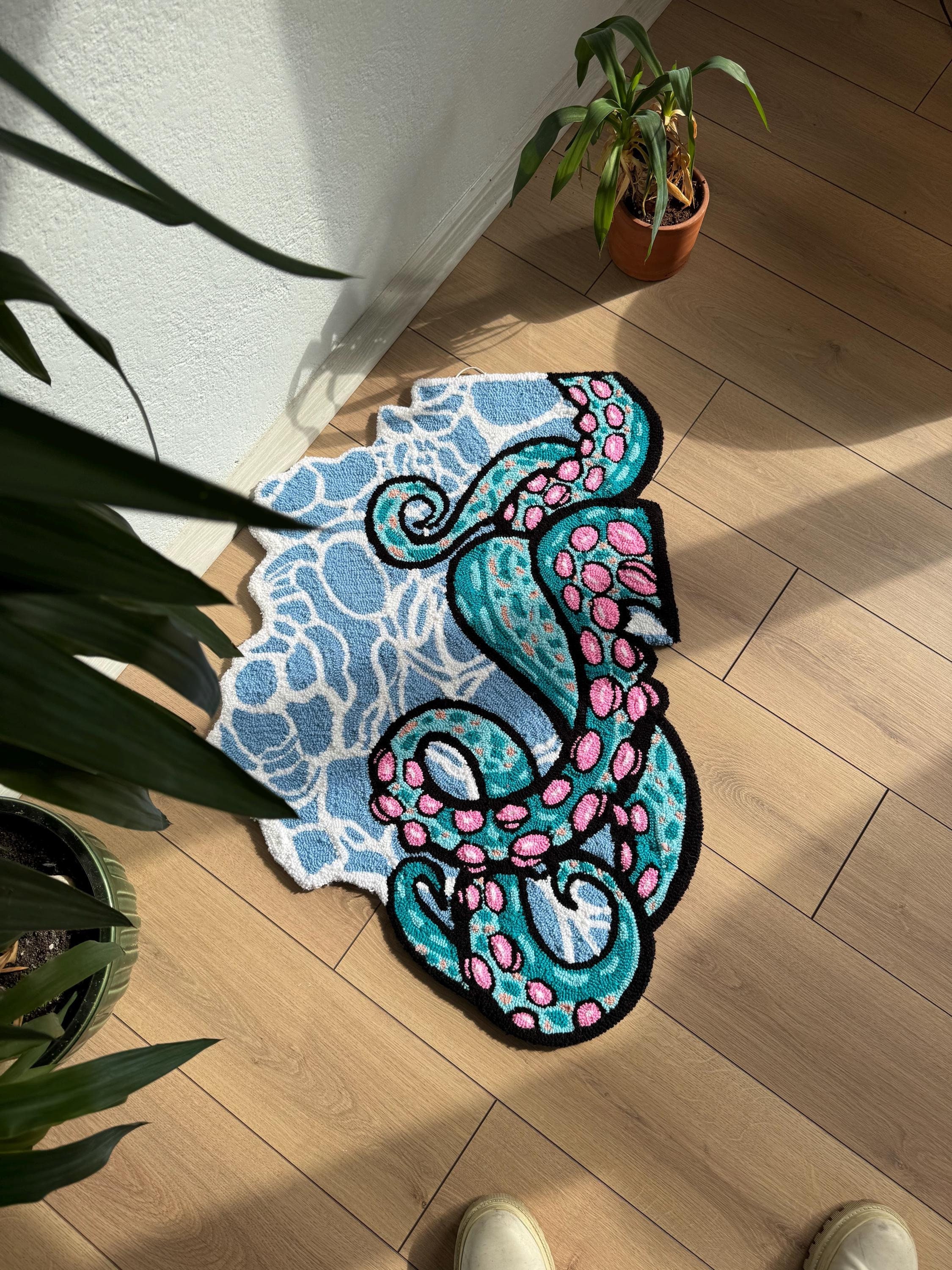 Octopus Channel Rug Handmade Octopus Rug - Colorful Tufted Wall Hanging - Vibrant Nautical ...