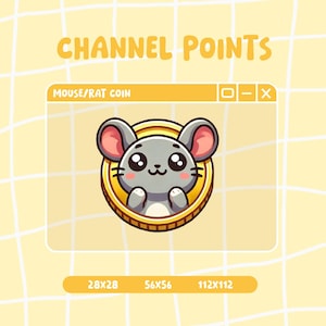 May include: A cartoon mouse with big eyes and pink ears is inside a gold coin. The coin has the words "Mouse/Rat Coin" above it. The image is in a window frame with the words "Channel Points" at the top and buttons for minimize, maximize, and close.