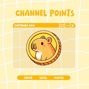 Puede incluir: Una ilustración digital de una moneda de capibara de dibujos animados. La moneda es amarilla y presenta un capibara de dibujos animados con una nariz marrón y un cuerpo marrón claro. La moneda está rodeada de un círculo amarillo con un borde dorado. La imagen se coloca sobre un fondo de cuadrícula amarillo. El texto "CAPYBARA COIN" se muestra en un cuadro blanco sobre la moneda. El texto "CHANNEL POINTS" se muestra en un cuadro blanco sobre el texto "CAPYBARA COIN".