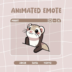 May include: Animated emote of a brown and white ferret with large eyes and a pink nose, looking up and smiling. The emote is in a computer window with the title "Ferret" and size options of 28x28, 56x56, and 112x112.