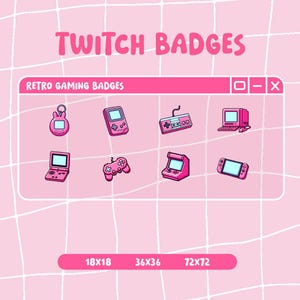 Op de afbeelding: Een set van acht Twitch-badges met een retro-gamingthema in roze en blauw. De badges bevatten pictogrammen van een Tamagotchi, een Game Boy, een Nintendo Entertainment System-controller, een vintage computer, een Game Boy Advance, een joystick, een arcadegame en een Nintendo Switch. De badges zijn verkrijgbaar in drie maten: 18x18, 36x36 en 72x72.