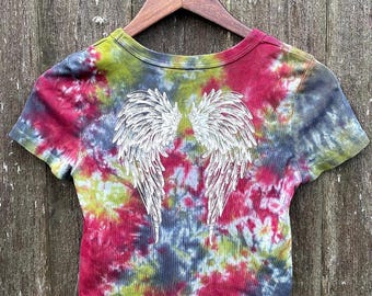Festival Shirt~Angel Wings Tie-Dye Cropped Shirt Hand-Made Upcycled Women's Small