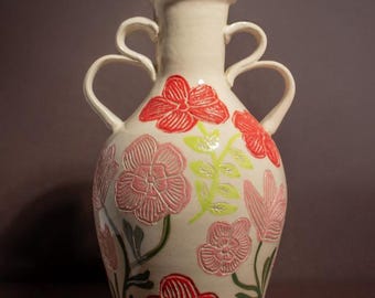 Handmade Floral Ceramic Vase | Unique Artisan Pottery Vase | Hand-Painted Flower Decor | Home Accent