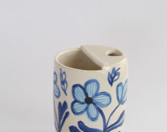 Handmade To-Go Coffee Cup | White Ceramic Travel Mug | Blue Floral Pottery Cup with Half Lid | Tea Tumbler