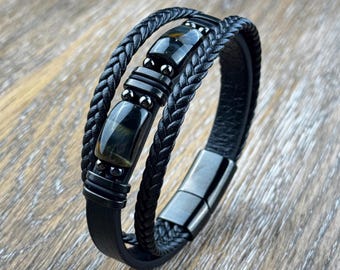 Leren herenarmband tijgeroog: gevlochten energiesteen, magnetische sluiting
