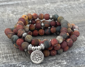 Red Jasper Rosary Bracelet • Bohemian Mala with Lotus Charm