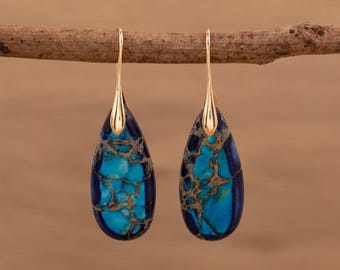 Boucles d'oreilles en forme de larme en jaspe et sédiment bleu : bijoux curatifs en pierre naturelle