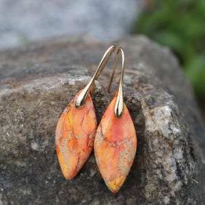 Orange Jasper Earrings, Bohemian Style Earrings, Leaf-Shaped Drop Earrings, Orange Earrings, Birthday Gift