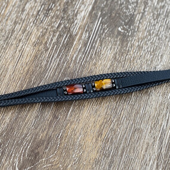 JENCVNL Leren herenarmband, tijgeroog, meerlaags gevlochten leren armband met magneetsluiting voor mannen en jongens, 19 EU, Geen edelsteen