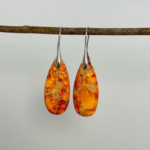 May include: A pair of teardrop-shaped earrings with a silver hook. The earrings feature a vibrant orange and yellow pattern with red and tan accents. The earrings are hanging from a brown branch against a white background.