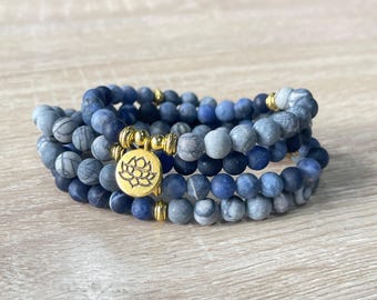 Blue Gemstone Bracelet, 108 Beads Mala Bracelet, Energy Protection Bracelet, Prayer Meditation Bracelet, Yoga Mindfulness Bracelet