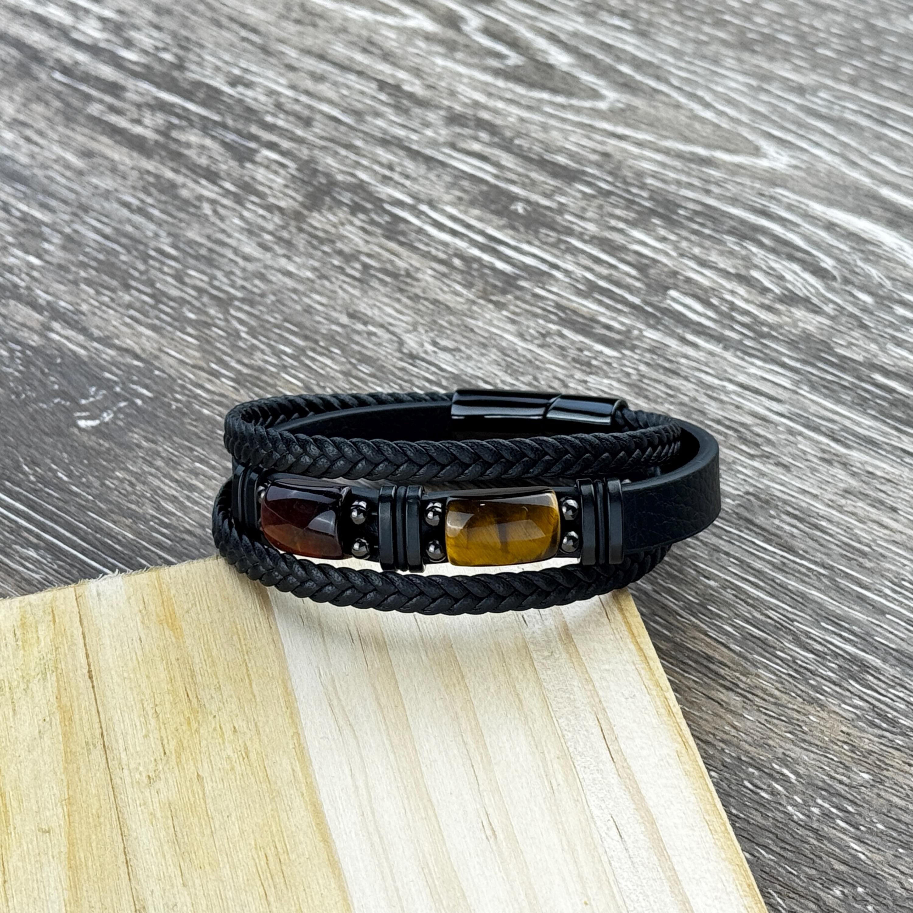 Armband voor Heren, Gemaakt van Natuurlijk Tijgeroog, Geflochten Leer