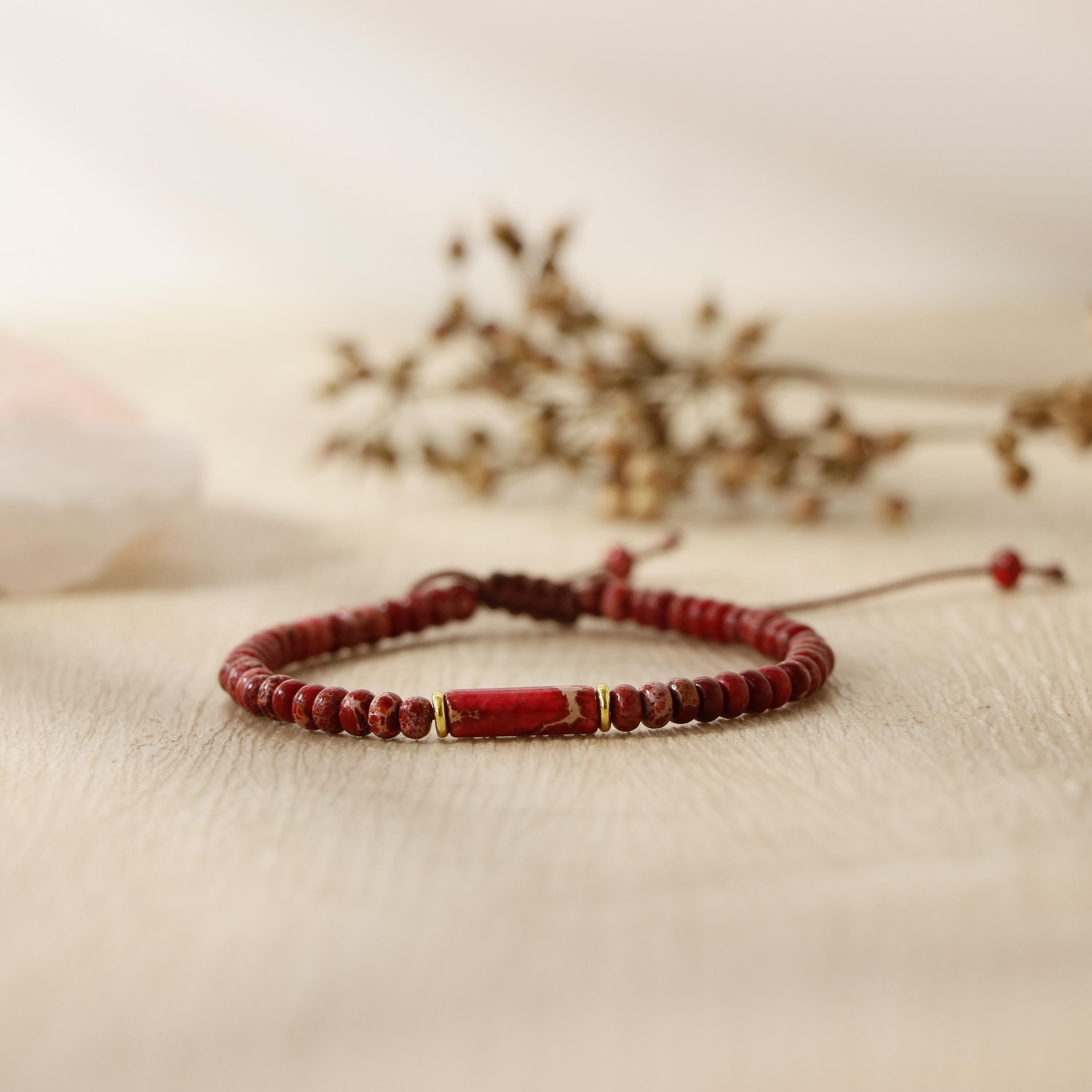 Bracciale Minimalista In Diaspro Rosso Naturale Con Pietre Preziose - Gioiello Fatto A Mano Regalo Benessere