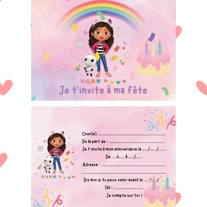 Può includere: Un invito di compleanno con una ragazza dei cartoni animati, un gatto, un arcobaleno e una torta. L'invito include sezioni da compilare per il nome, la data e l'indirizzo del destinatario. Il testo "Je t'invite à ma fête" è visualizzato.