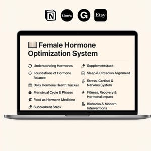 Peut inclure: Un écran d'ordinateur portable affichant une liste de sujets liés à l'optimisation des hormones féminines. Les sujets comprennent la compréhension des hormones, les fondements de l'équilibre hormonal, le suivi quotidien de la santé hormonale, le cycle menstruel et les phases, l'alimentation comme médecine hormonale, la pile de compléments, la pile de compléments, le sommeil et l'alignement circadien, le stress, le cortisol et le système nerveux, la forme physique, la récupération et l'impact hormonal, et les biohacks et les interventions modernes.