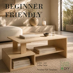 May include: A light-colored wooden coffee table with a tiered design, featuring an open lower shelf and a side storage compartment. The table holds several books and a small bowl. Text on the image reads BEGINNER FRIENDLY and STEP DIY Coffee Table.
