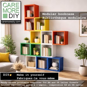 May include: A multi-coloured modular bookcase with square compartments in red, orange, yellow, green, white, and blue. Each cube contains books and small potted plants. The image includes the text "CARE MORE DIY" and "Modular bookcase".