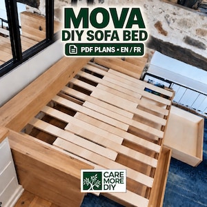 MOVA Sofa Bed Plans with Storage, DIY Wooden Sofa, Printable Drilling Templates, PDF Guide in English and French