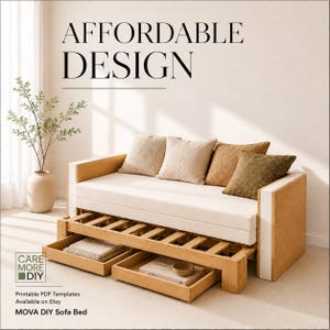 May include: A light wood sofa bed with a white mattress and four decorative throw pillows in shades of beige and brown. The frame features a pull-out trundle with two storage drawers containing a folded blanket and a book. Text reads AFFORDABLE DESIGN.