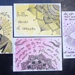 Lot de 4 reproductions aquarelle format carte postale avec citations inspirantes en espagnol style mandala relaxant carte cadeau zen