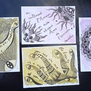 Lot de 4 reproductions aquarelle format carte postale avec citations inspirantes Rûmi Bouddha style mandala relaxant carte cadeau zen