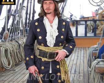 Pirate Costume - Blackbeard Pirate Coat - Buccaneer Halloween coat - Pirates of Caribbean admiral coat - New Blue Admiral Blackbeard Coat