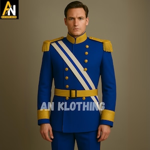 Royal Blue Military Parade Uniform with Golden Accents – Custom Officer Dress Coat with Epaulettes, Sash & Belt – Historical Reenactment