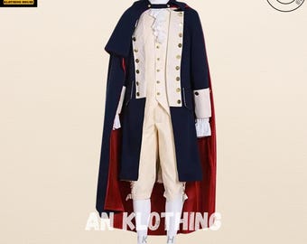 New George Washington Uniform, Navy Blue - Off White Wool Men - 1770s American Revolution War Jacket - Halloween Costume - Cosplay Costume