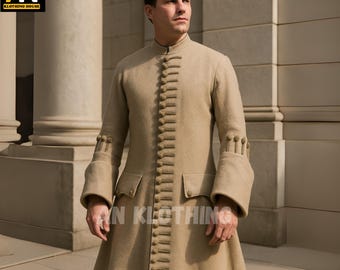 Men&#39;s Regency Style Beige Wool Frock Coat – Vintage Military Inspired Frock Coat with Decorative Buttons and Flap Pockets –Customized Outfit