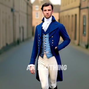 Men&#39;s Royal Blue Regency Tail Coat with Double-Breasted Waistcoat, and Fitted Cream Breeches, Early 19th-Century Fashion, Men&#39;s Regency Suit