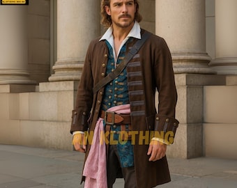 Pirate-Inspired Brown Long Coat Outfit – Historical Renaissance Coat and Vest Set for Cosplay Reenactment - Theatrical Performance Costume