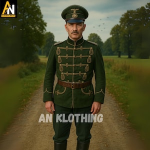 Vintage Military Hussar Jacket – Deep Green Wool Officer’s Tunic with Gold Braid – Historical Reenactment Costume for Men - Army Uniform