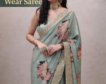 Pre Draped Ready to Wear Saree 1 Minute Floral Pleated Sari Blouse Indian Wedding