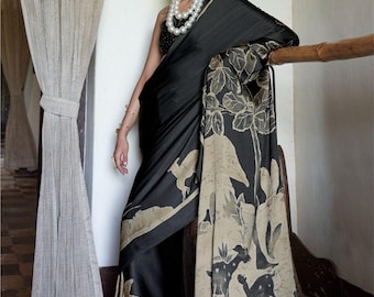 Modal Satin Printed Saree for Women with Blouse Piece Designer Indian Ethnic Festive Wear