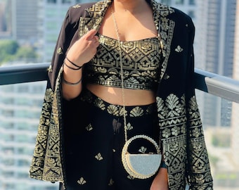 Sequin Embroidered Black Georgette Palazzo Suit | Indian Blazer Co-ord Set