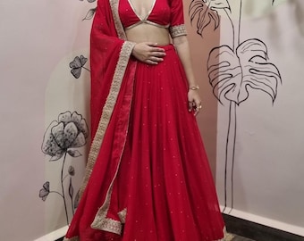 Red Georgette Lehenga Choli Set | Gold Zari Embroidery, Indian Wedding Outfit