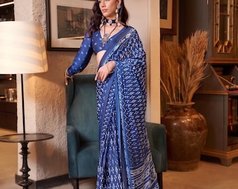 Women Patola Print Satin Crepe Blue Saree Blouse Designer Indian Traditional Wedding Guest Sari