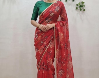 Red Floral Printed Soft Organza Designer Saree Blouse Indian Wedding Guest Simple Bridesmaid Sari