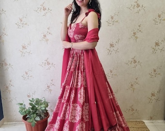 Custom Red Printed Silk Lehenga Choli with Organza Dupatta