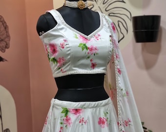 Floral Print Chinon Silk Lehenga Choli Set | Custom Indian Wedding Outfit