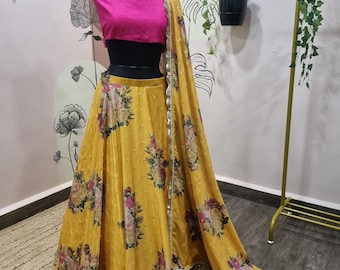 Yellow Floral Silk Lehenga Choli with Dupatta | Custom Indian Wedding Wear