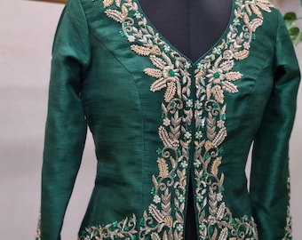 Custom Hand-Embroidered Silk Women Indian Ethnic Jacket with Zardosi Work – Bespoke Evening Wear