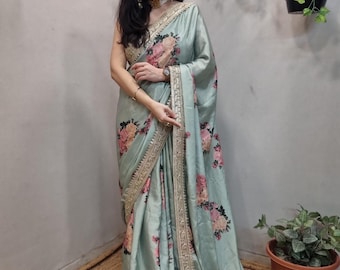 Floral Printed Green Silk Saree | Pre-Pleated with Stitched Blouse | Ready To Wear Sari