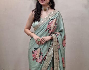 Pre-stitched Ready to Wear Saree Floral Print Indian 1 Minute Sari with Stitched Blouse