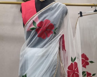Hand-Painted Organza Saree | Sequin Bead Floral, Indian Wedding Sari