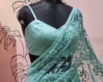 Embroidered Net Saree | Indian Wedding Sequin Sari, Custom Blouse