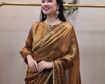 Gold Shiny Space Silk Ready to Wear Pre-Stitched Saree Long Sleeve Modest Blouse